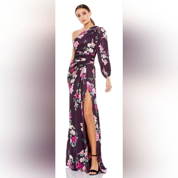 Mac Duggal PLUM FLORAL PRINT ONE SLEEVE GOWN NWOT size Small Purple 2634 - Picture 1 of 5